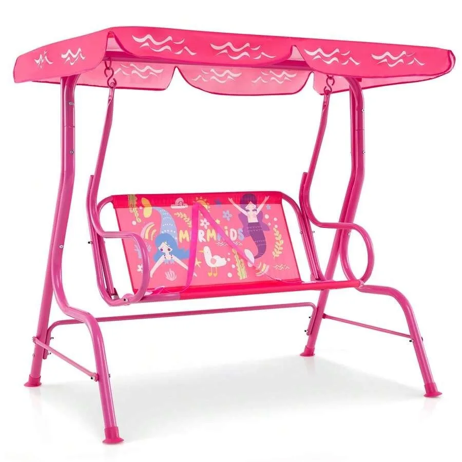 2-Seater Toddler Porch Swing Chair With Metal Stand Adjustable Canopy