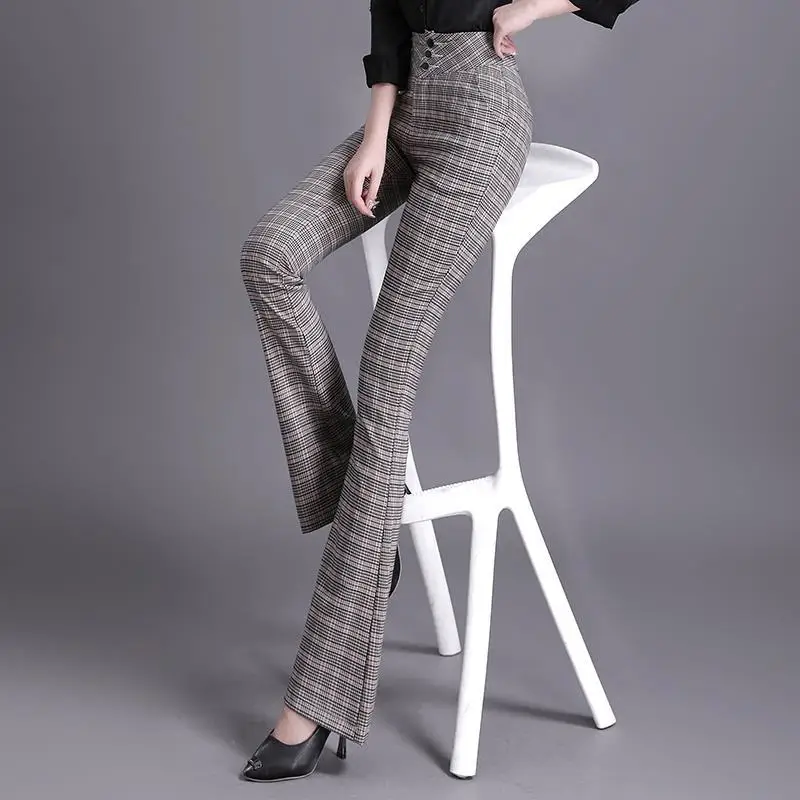 American Vintage Casual Summer Flare Pants New Women Clothing High Waist Plaid Button Temperament Fashion Slim Straight Trousers