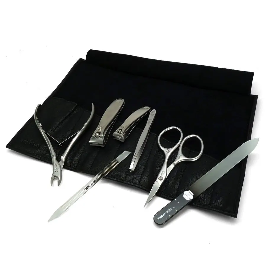 

7pc Manicure Set in Black Leather Case FINOX Stainless Steel Tools Made in Germany, Glass Nail Care Supplies Made in Czech Repub