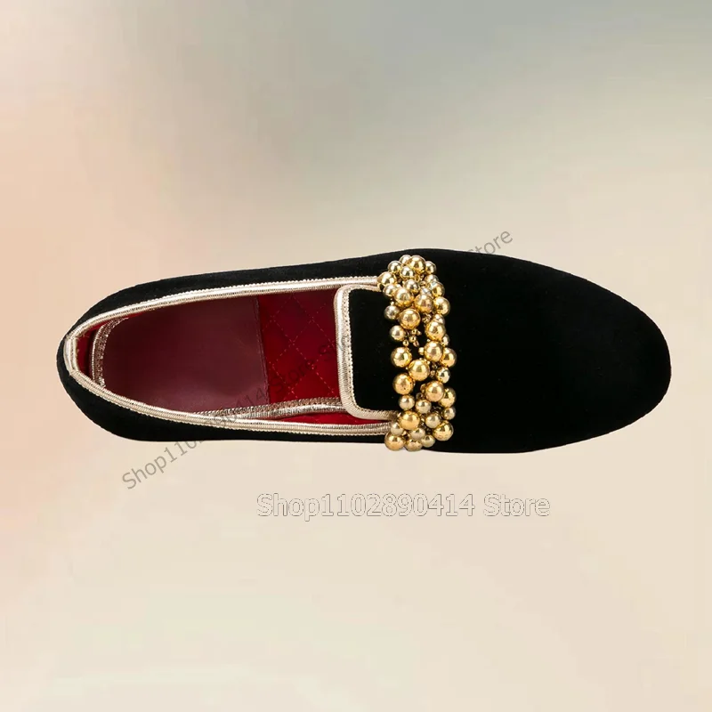 Gold String Of Beads Decor Black Penny Loafers Fashion Slip On Men Shoes Luxurious Handmade Party Feast Banquet Men Casual Shoes