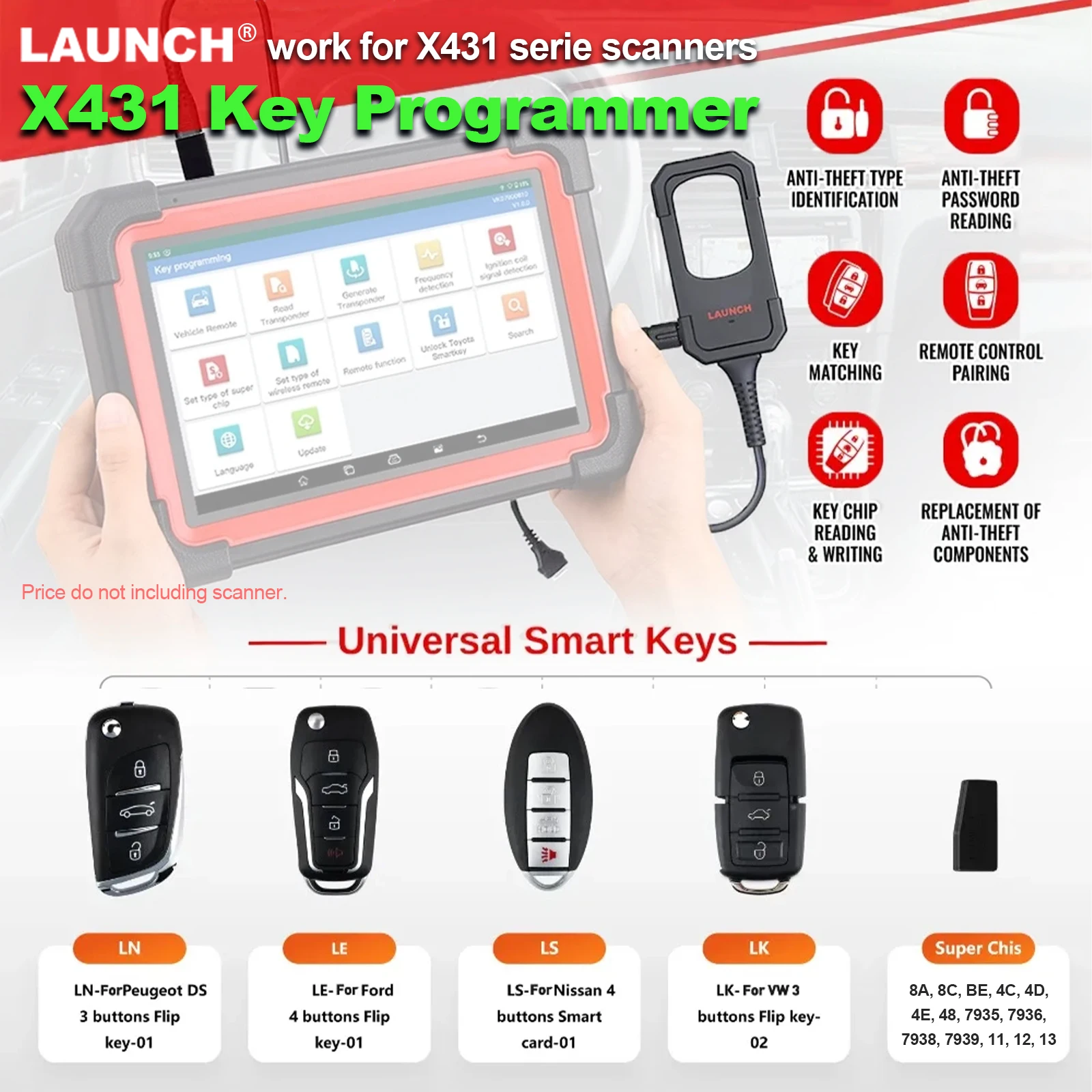LAUNCH X431 Key Programmer Work for X431 PAD V/ PAD VI/ IMMO PLUS/ IMMO ELITE Remote Maker with 4pcs Universal Remote Super Chip