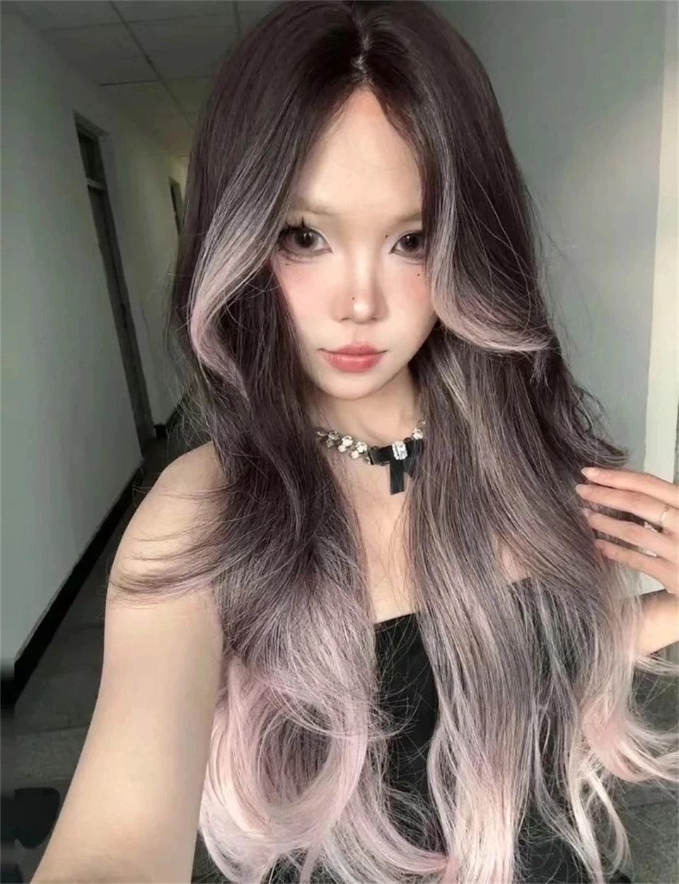 OLACARE Ombre Blonde Brown Long Straight Synthetic Wigs with Bangs Cosplay Wig for Women High Temperature Natural Fake Hair