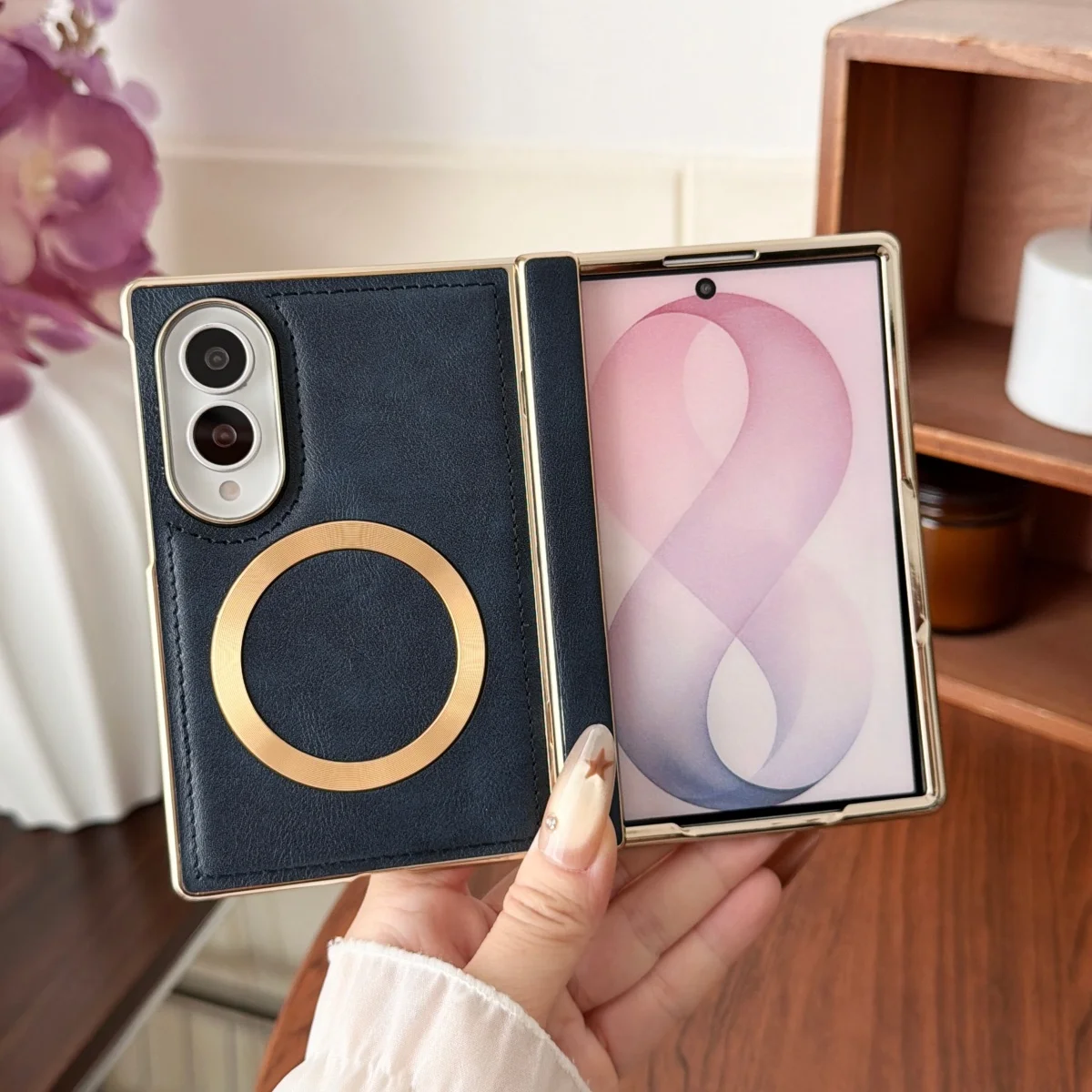 Electroplated Leather Magnetic Rotating Ring Bracket Case for Samsung Galaxy Z Fold 8 Fold8 Hinge Protector Shockproof Cover