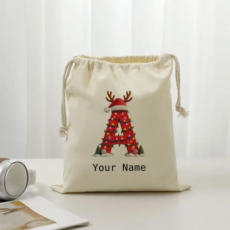 Initials A-Z Canvas Drawstring Gift Bag Custom Name Santa Hat Reindeer Antler String Light Red Print Holiday Storage Sack Gifts