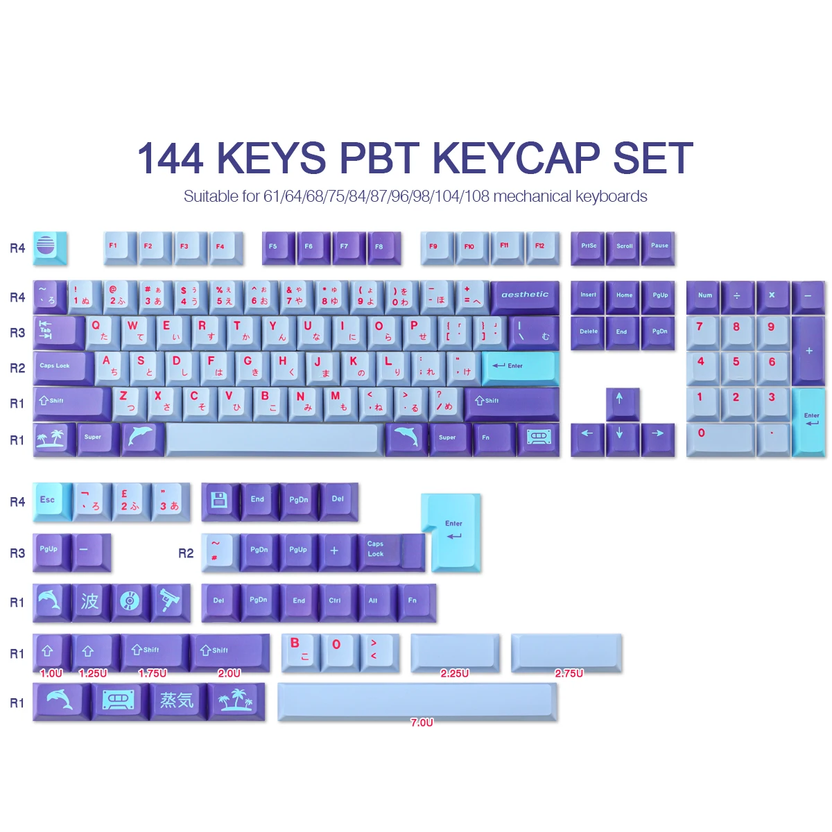 Steam Wave Keycap Cherry Profile DYE Sublimation 144 Key PBT Keycaps For  Mechanical Keyboard