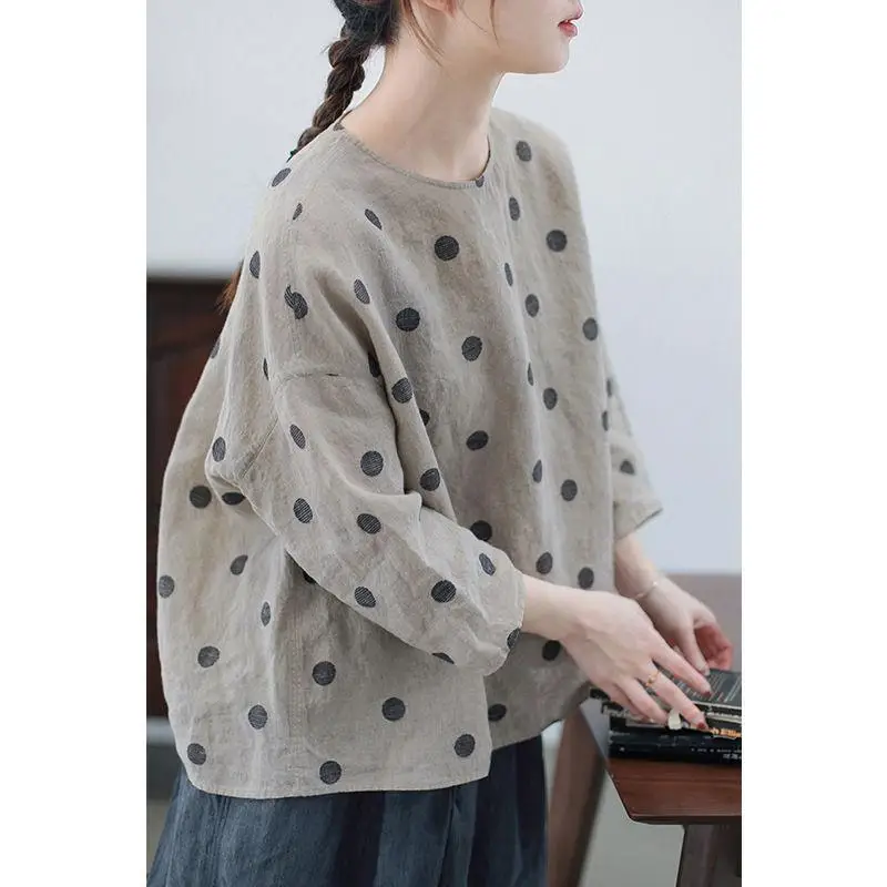 

New Arrival 2025 Spring Summer Arts Style Women 3/4 Sleeve Loose Casual Tshirt Top Quality Linen Dot Tee Shirt Femme Tops 2250