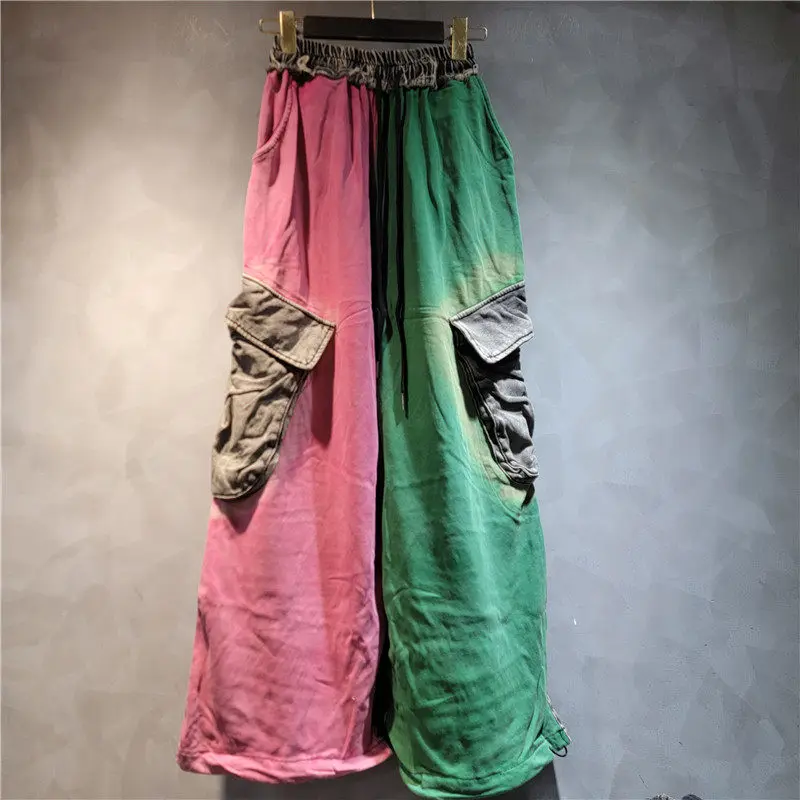 Personalized Washed Old Cargo Pocket Casual Pants Women's New Contrast Color Ankle-Tied Jeans