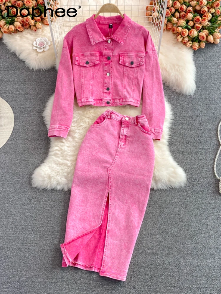 

Pink Short Denim Coat Women Spring Autumn Jacket Top Mid-Length High Waist Sheath Skirt Two-Piece Suit Korean Fashion Clothing