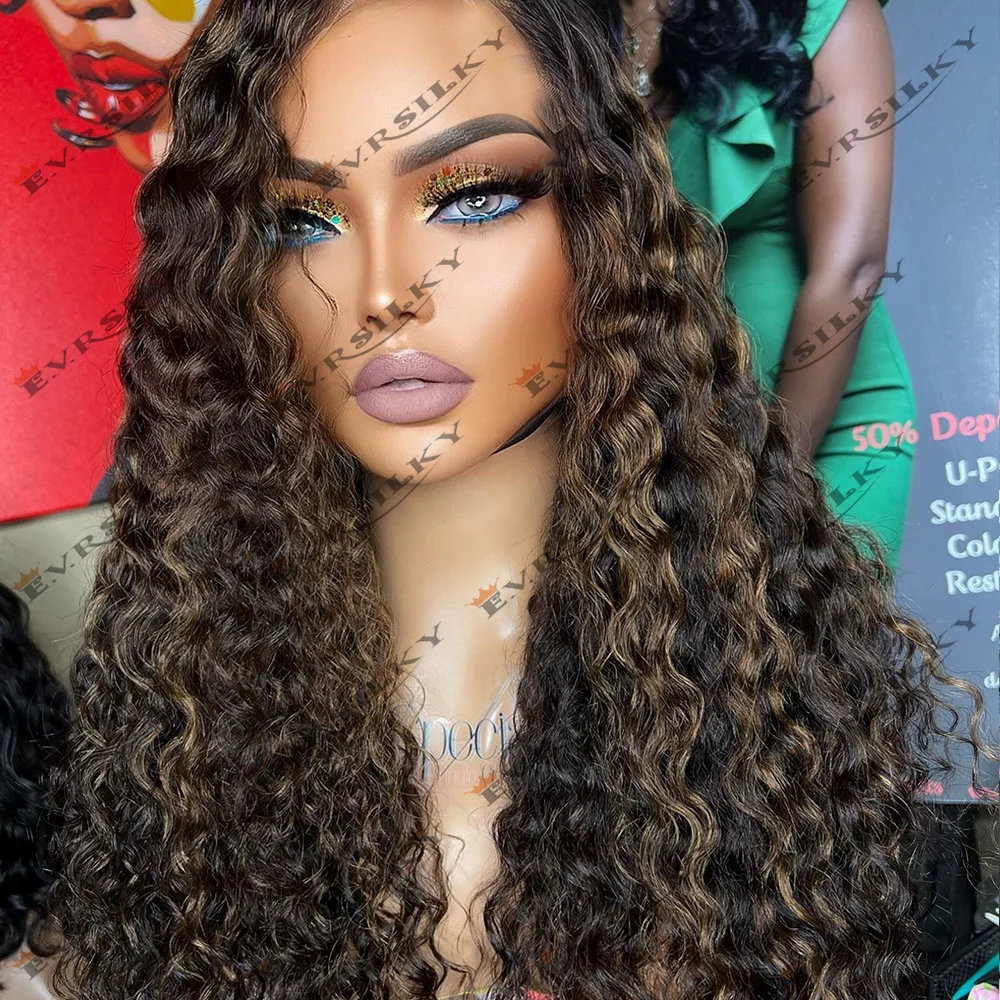 Highlights Golden Blonde V Part 100% Human Hair Wigs Deep Curly Middle /Side Remy Indian Hair Jerry Curl Cheap Full U Shape Wig image 2