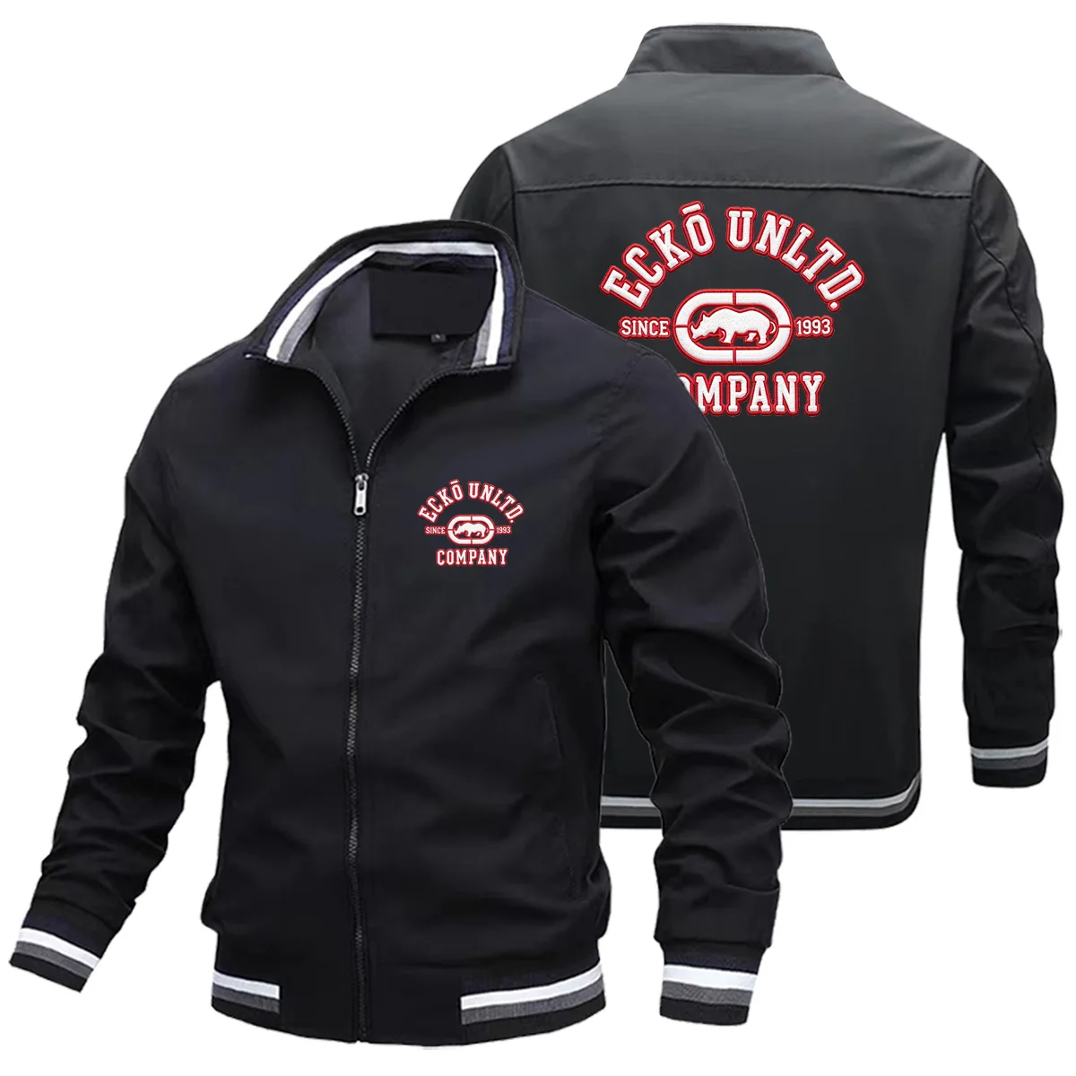 Fashion Men Hip Hop Streetwear Bomber Jacket Ecko Unltd Rhino Multi Print Stand Collar Zip Up Windbreaker Sports Casual Outerwea