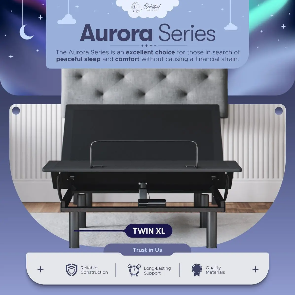 Base de cama ajustável aurora celestial, montagem fácil, suporte para elevação de cabeça e pés, gravidade zero, posição de memória, twin xl