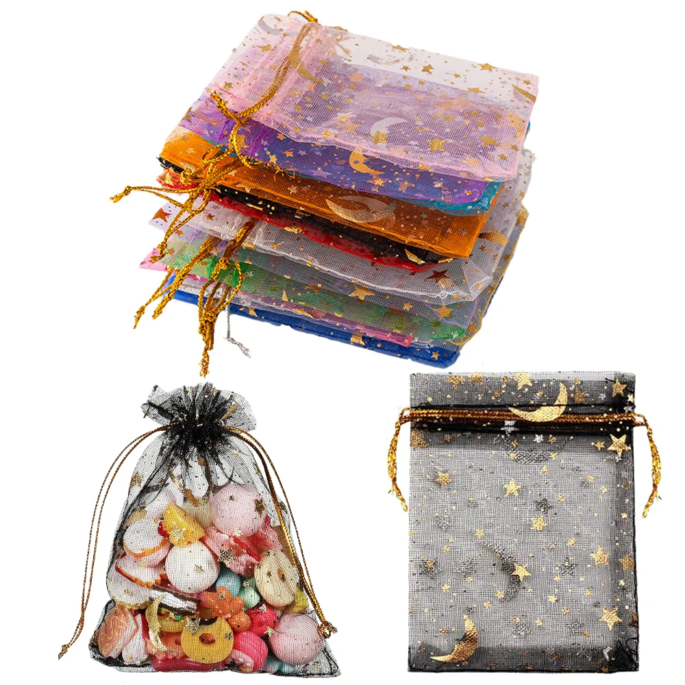 

50pcs Mixed Color Moon Star Organza Bags Jewelry Candy Pouch Drawstring For Small Businesses Party Favors Packaging Supplie 2030