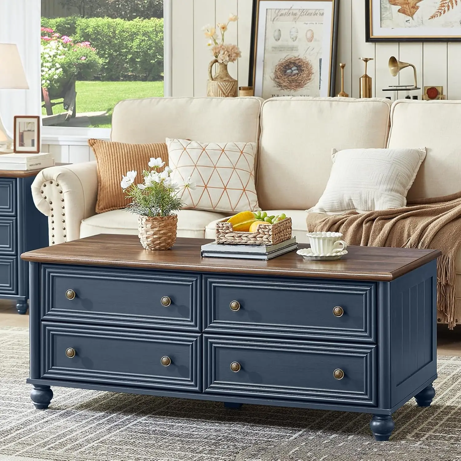 

48" Farmhouse Coffee Table With Hidden Storage,Wooden Coffee Tables With 4 Drawers & Roman Column Handle,Rectangula