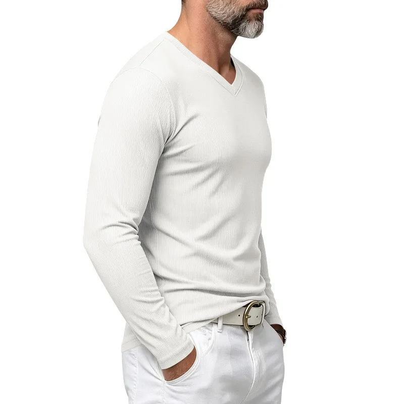 Herren Einteiliges Herbst- und Winter-Unterhemd mit V-Ausschnitt, Lässiges Loses Strick-Langarm-T-Shirt, Weiches und Dehnbares Basic-Layering-Oberteil – Detail 5