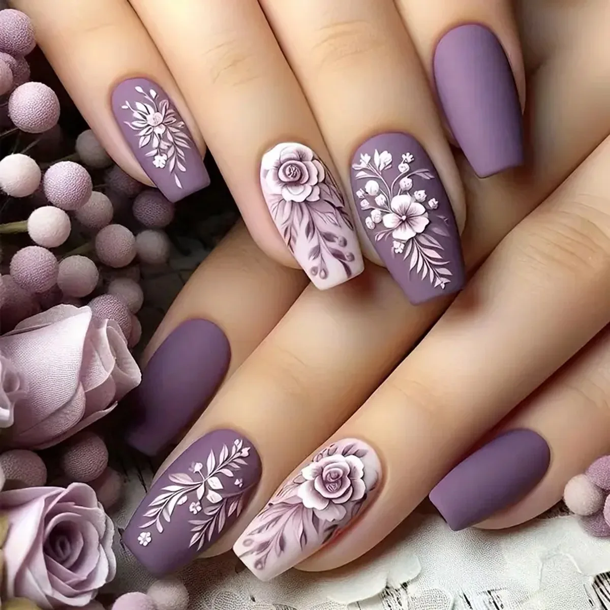 24pcs/set short medium fake nails beautiful flowers design fall winter square ballet acrylic tips press on false nail art supply