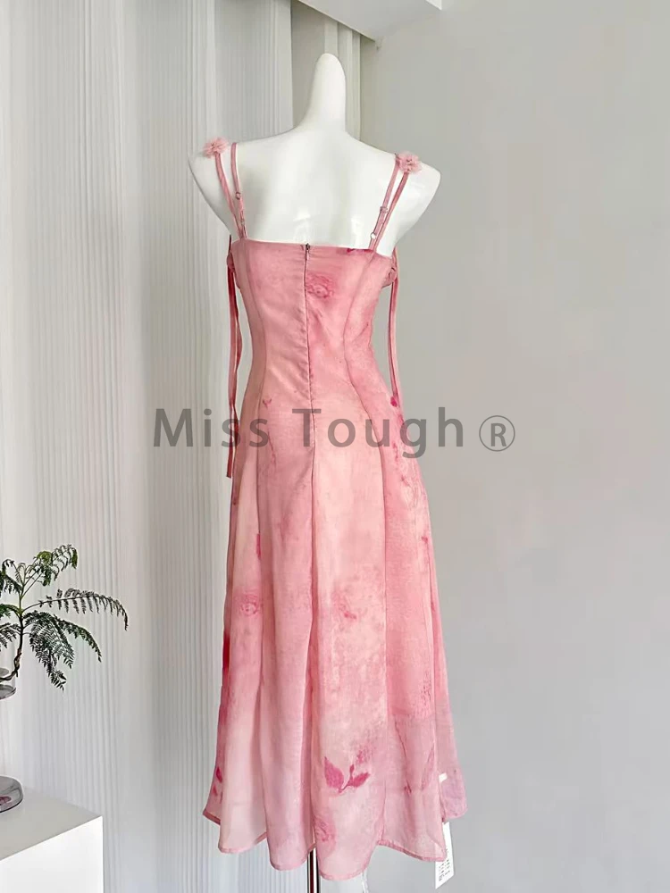 Elegant Pink Flower Lace-up Party Dress Women Sweet Y2k Sleeveless Slim Beach Dresses Fashion Chic Fairy Print Pleat Clothes New