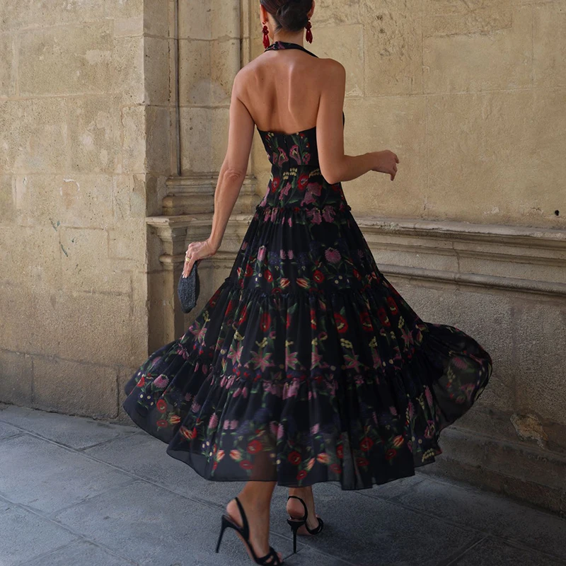 New 2026 Summer Vintage Pleated Holiday Dress Elegant Women's Party Long Dress O Neck Sleeveless Pattern Printed Bohemian Dress