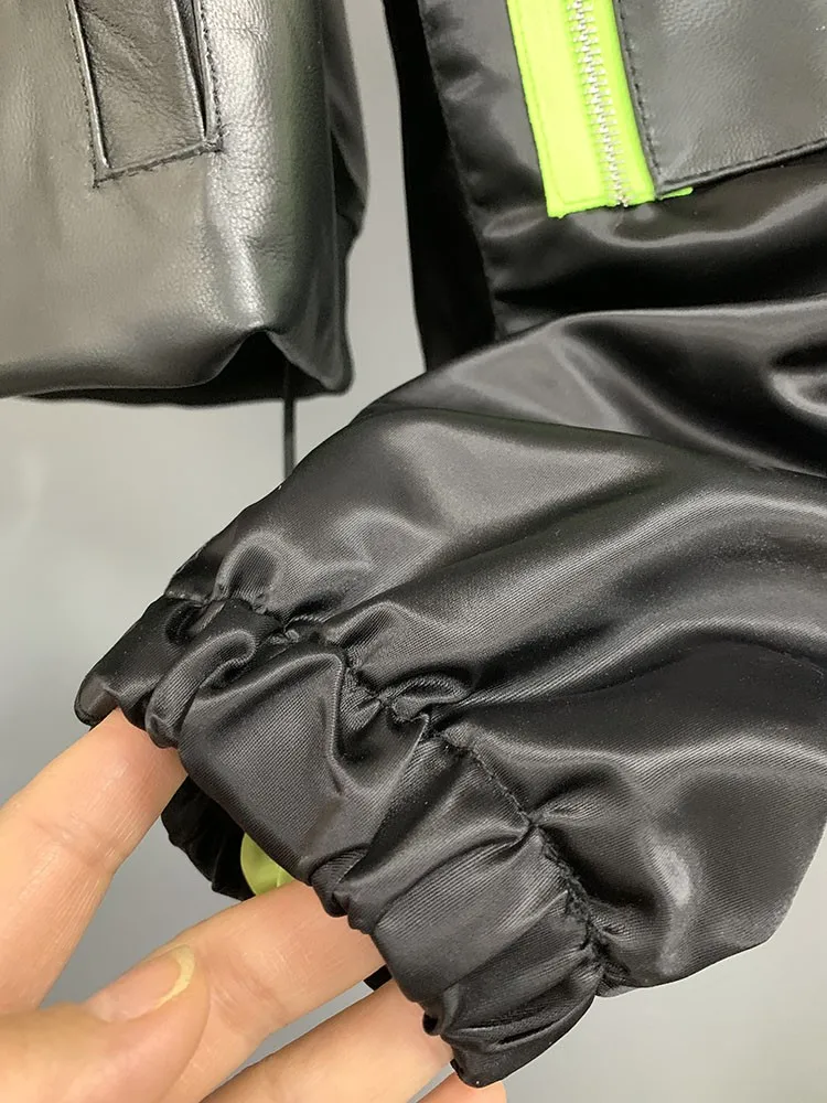 Frauen Lose Zipper Patchwork Farben Getäfelten Weichen Schaffell Stehkragen Jacke Neue Weibliche Casual Echtes Leder Jacke Mäntel