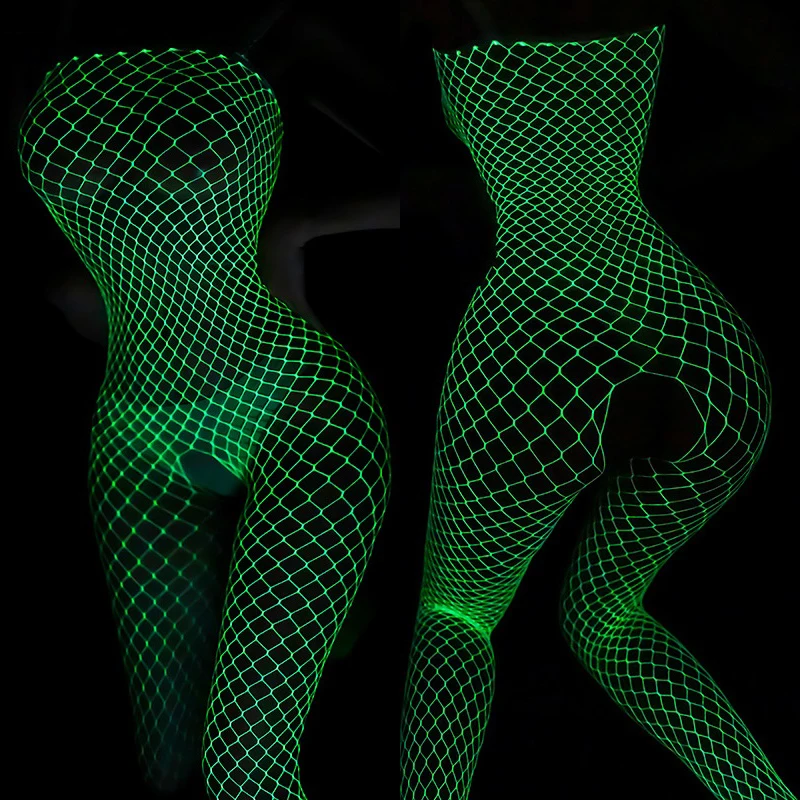 Glow In The Dark Full Body Fishnet Tights For Women High Elastic Crotchless Bodysuits Fantasias Lingerie Luminous Bodystockings