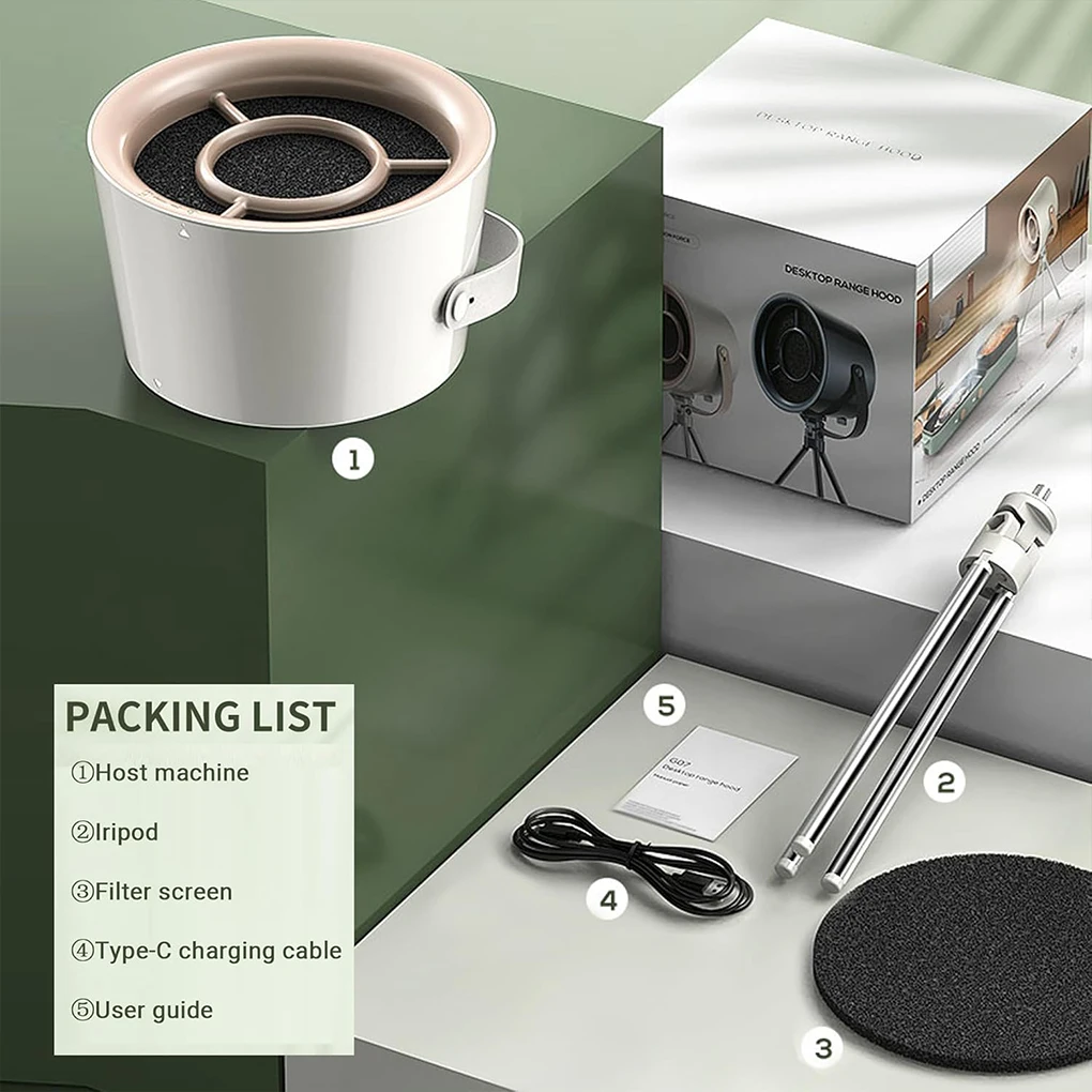 3-Speed Desktop Portable Kitchen Exhaust Fan Kitchen Hood USB Exhaust Fan Adjustable Suction Absorbs Oil Air Blower