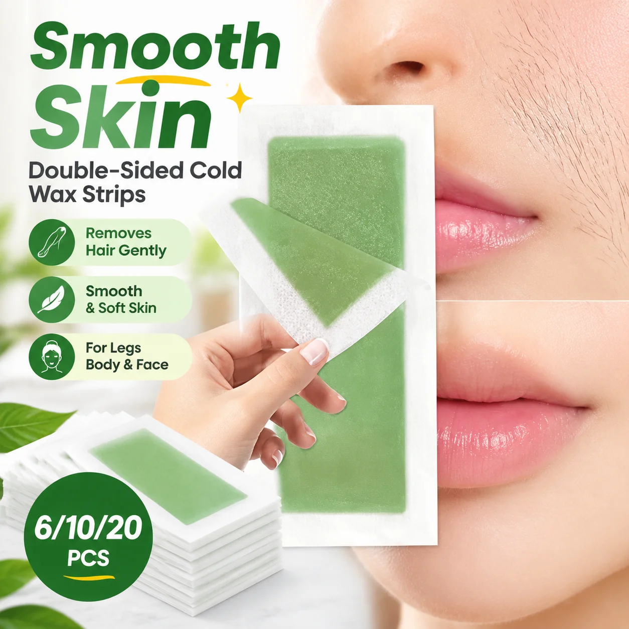 Double-Sided Cold Wax Strips for Hair Removal, 6/10/20 Pcs Wax Paper for Legs Body Face, Smooth Skin
