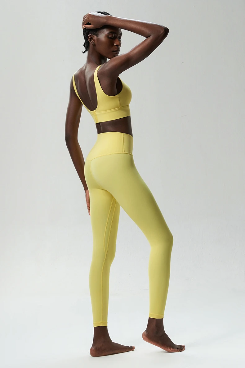 Zweiteiliges Fitness-Yoga-Set für Damen, einfarbig, dehnbar, weich, atmungsaktiv, schnell trocknend, Sportbekleidung für Lauftraining – Detail 4