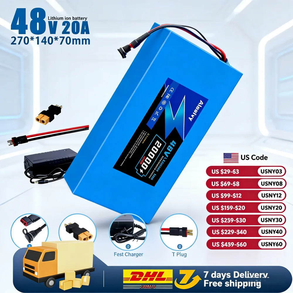 Batería de Litio para Bicicleta Eléctrica Aleaivy 48V 20Ah 16Ah 10Ah, Batería de Iones de Litio de 48v para Bicicleta, Scooter, Motocicleta + Cargador
