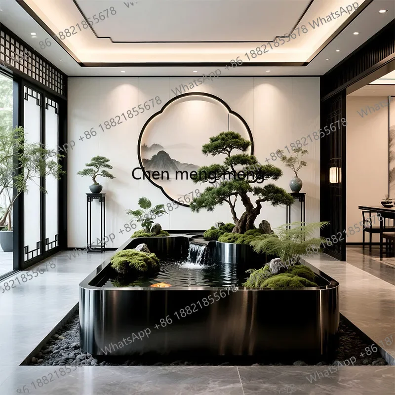 

Hot sales New Chinese courtyard fish pond landscaping ornament pine bonsai stainless steel sink fish tank combination