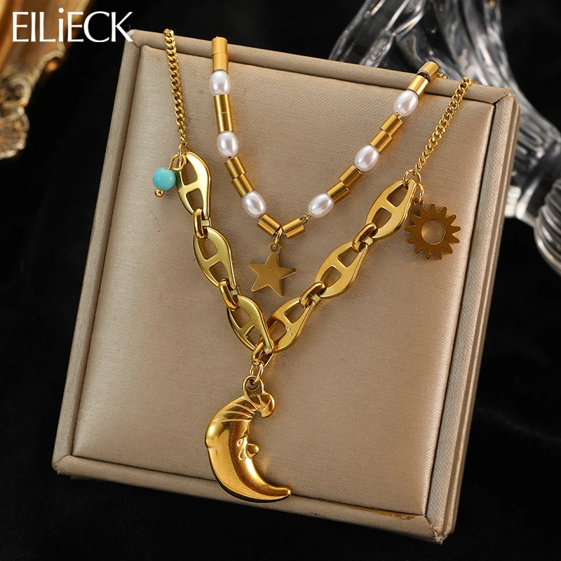 EILIECK 316L Stainless Steel 2in1 Chain Star Moon Necklace For Women New Punk Girls Thick Chain Hip Hop Jewelry Festive Gifts