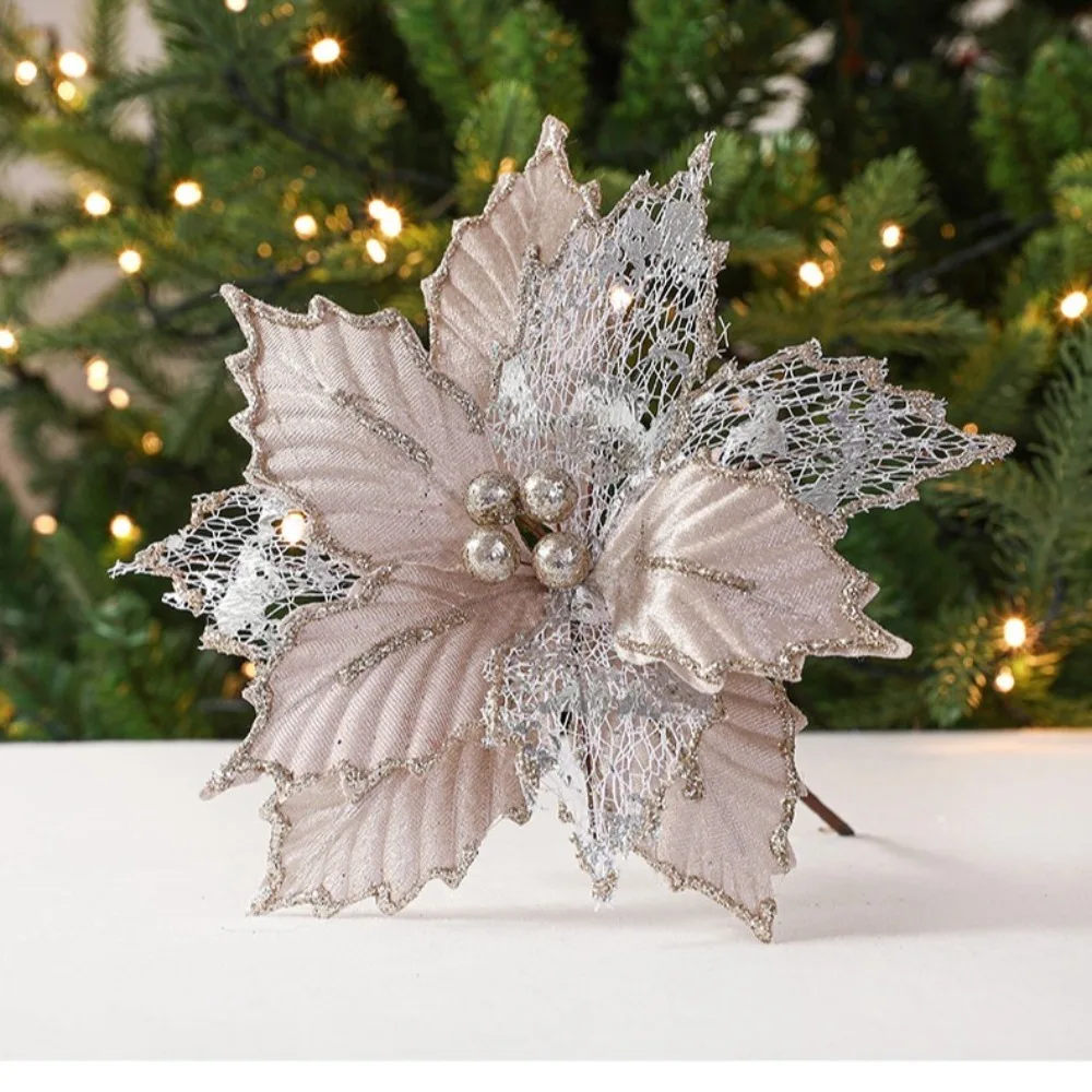 New 24cm Poinsettia Glitter Flower DIY Fake Flowers Christmas Flowers Hanging Ornaments Party Supplies Xmas Tree Decorations