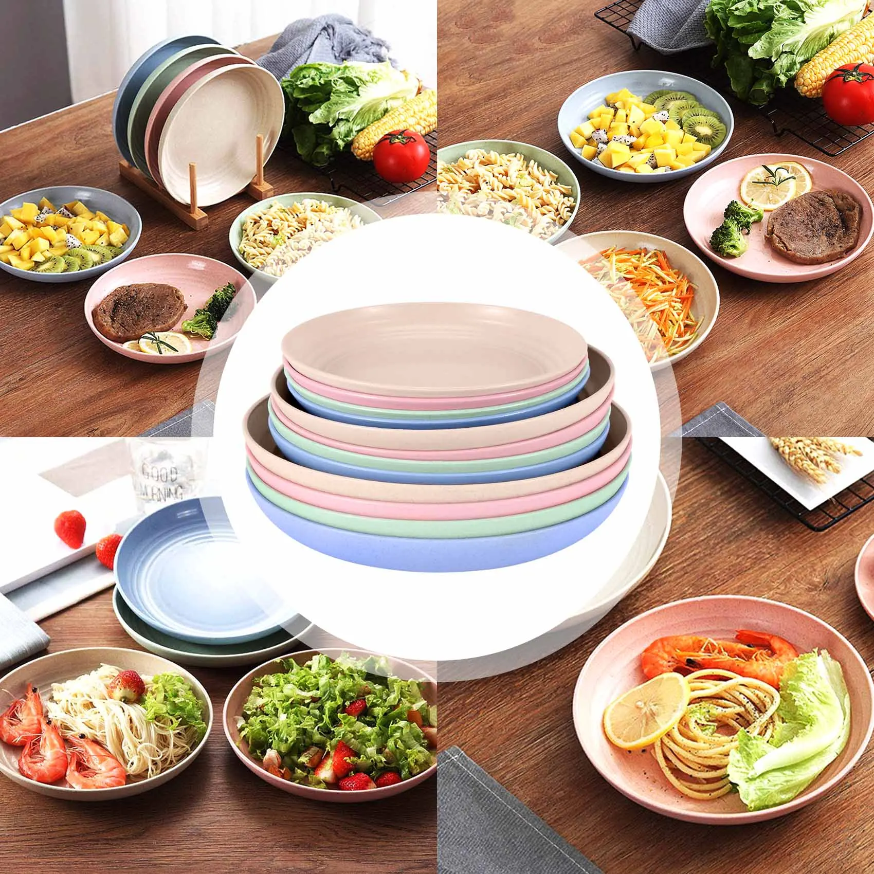 

12 Pack Wheat Straw Plates Set,Dinner Dishes, Dinner Plate, For Salad,Pasta, Steak,Fruit(6.8Inch,7.8Inch, 8.8Inch)