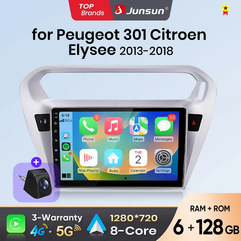 Autoradio Android Auto Junsun pour Peugeot 301 Citroën Elysee 2013 2014 2015 2016-2018, système multimédia sans fil Apple CarPlay, écran tactile intelligent IPS, lecteur vidéo stéréo, autoradio 2 Din, unité centrale de navigation, BT GPS 4G WIFI FM AM DSP RDS SWC