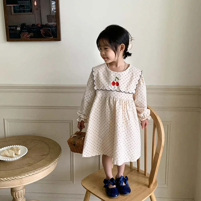 

Korean Goods Cherry Embroidery Girls Dress2024Autumn New Polka Dot Long Sleeve Dress Lapel Fashionable Princess