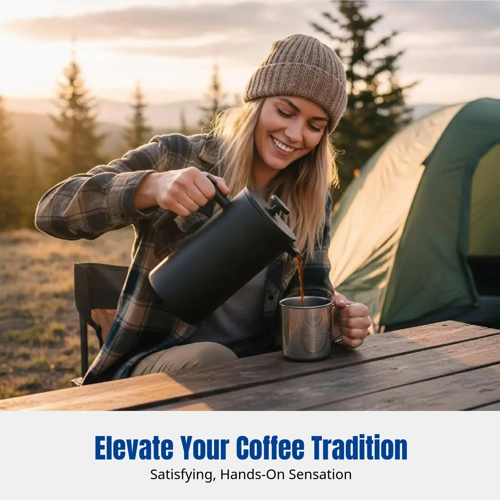 304 Stainless Steel Double Wall French Press, Black, Outdoor Camping, Manual Coffee & Tea Pot