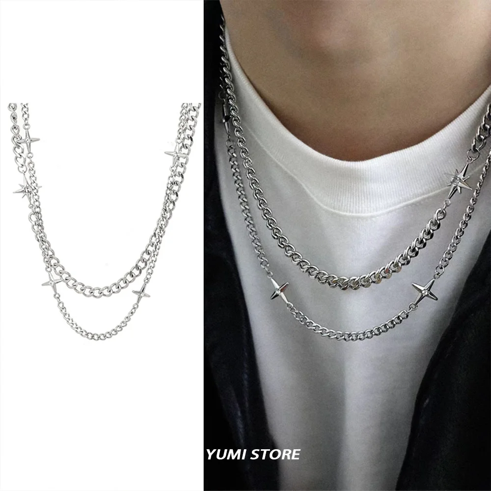 Hip Hop Double-layer Star Cross Necklace For Man Woman Titanium Steel  Clavicle Chain Choker Punk Male Accessories Wholesale