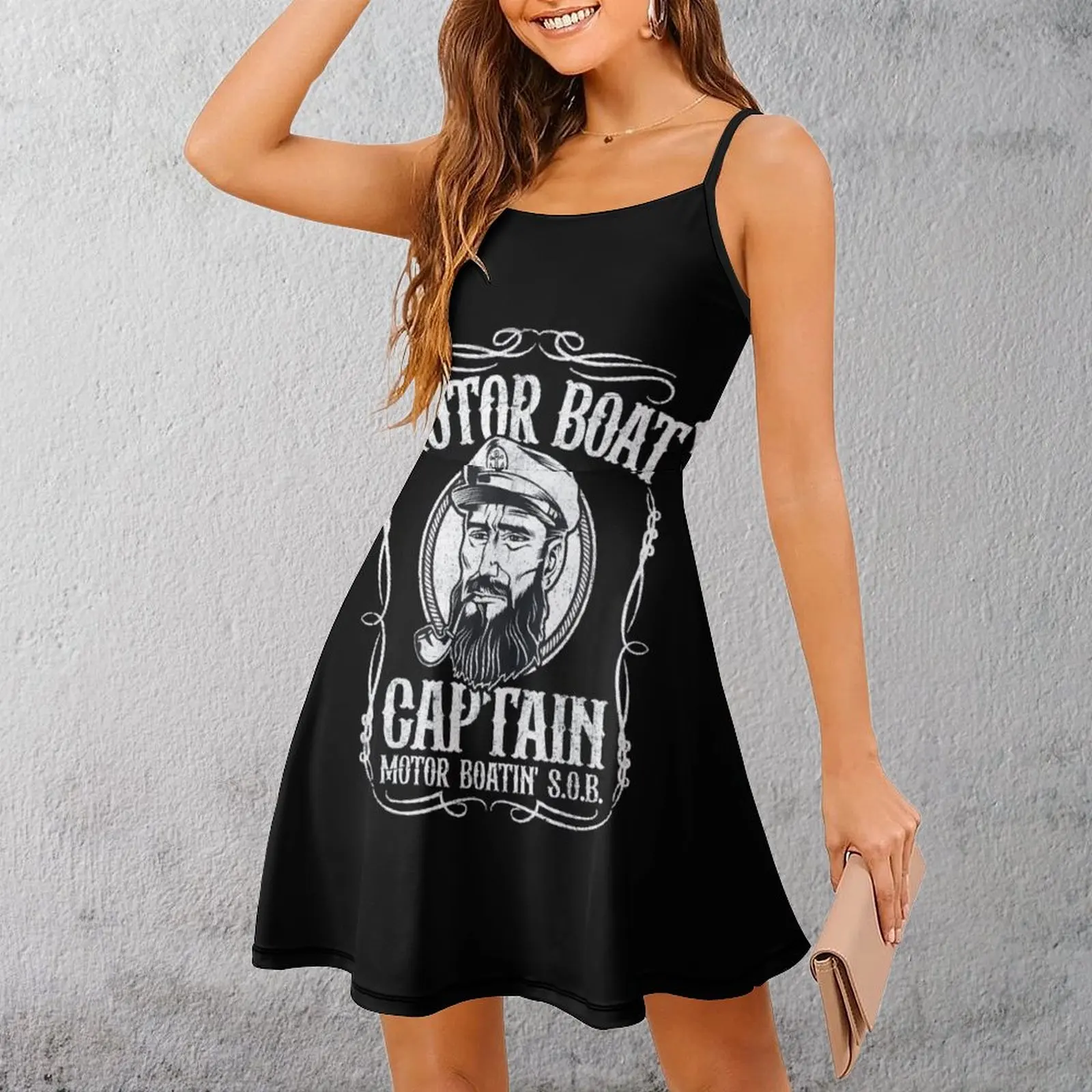 

Motor Boat Captain Badge Cute Exotic Woman's Clothing Women's Sling Dress Funny Novelty Vacations Strappy Dress