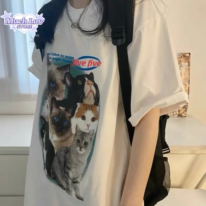 Invincible and Cute Cat Print T-shirted for Men and Women Summer Fashion Trend Casual Comfy Pure Cotton Couple Short Sleeve Top