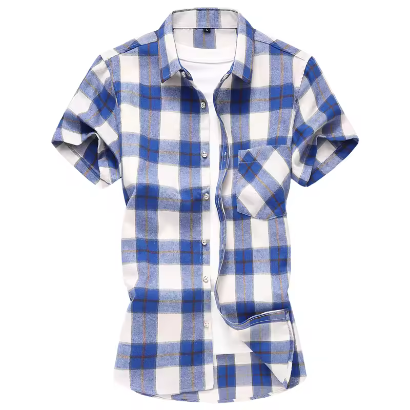 2026 New Men's Striped Plaid Short-sleeved Shirt, Fashion Casual Cotton Shirts, White Red Green Gray Blue Camisa Man Chemise