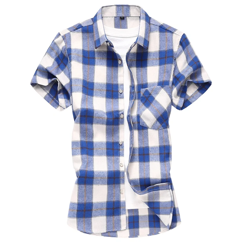 2026 New Men's Striped Plaid Short-sleeved Shirt, Fashion Casual Cotton Shirts, White Red Green Gray Blue Camisa Man Chemise