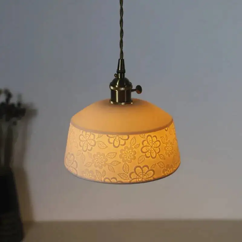 

Vintage Ceramic Pendant Light - Minimalist Zen Brass Lamp for Dining Room & Japanese Decor