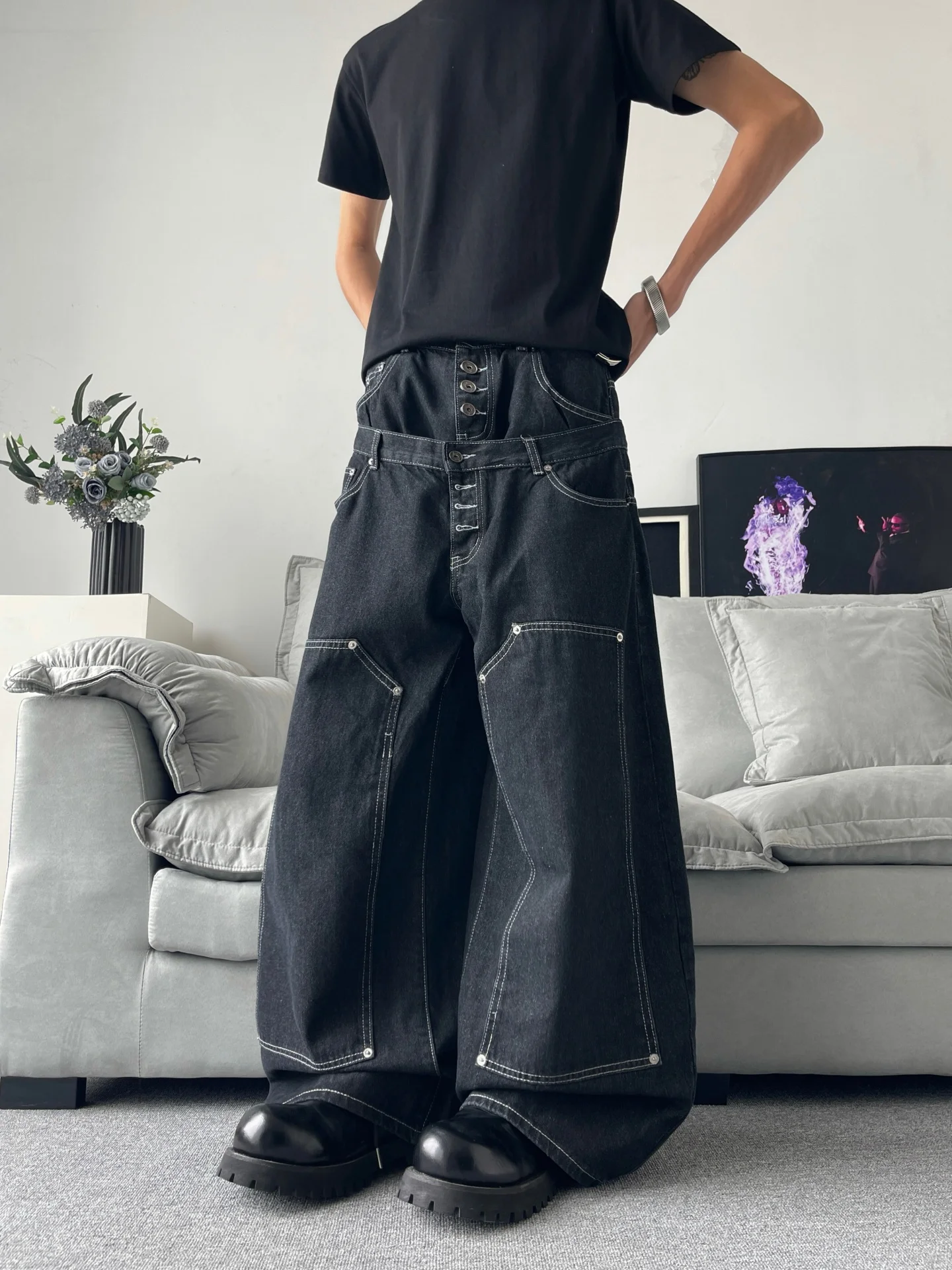 

Original Color Double Waist Button Wide Leg Loose Knife Workwear Jeans Men's American Retro Baggy Cargo Pants Straight Tube