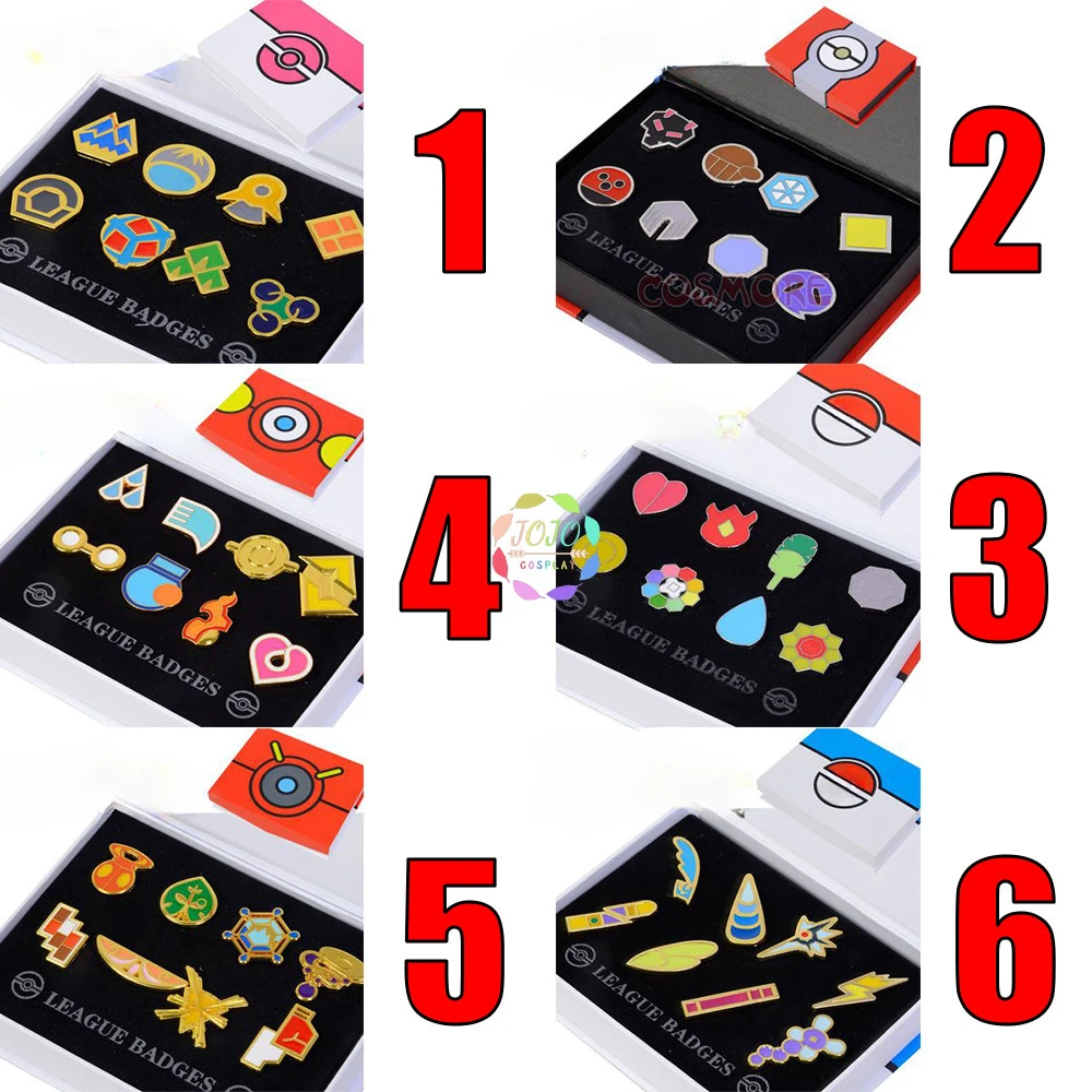 Poke Gym Badges Kanto Johto Hoenn Sinnoh Unova Kalos League Region Pins Brooches Orange Islands Box Collection Pocket Monster