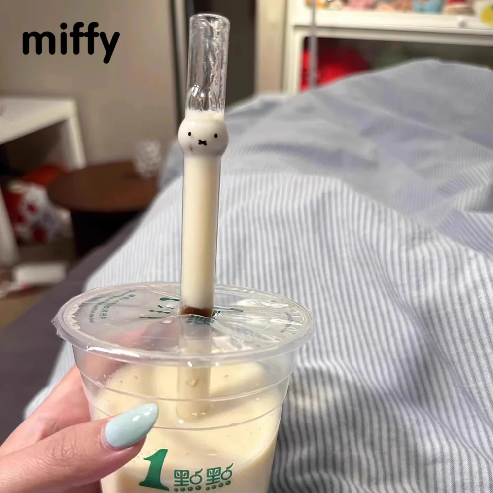 Pajitas de cristal transparentes creativas y bonitas Kawaii Miffy para que los estudiantes beben agua, café y leche, regalo para niña