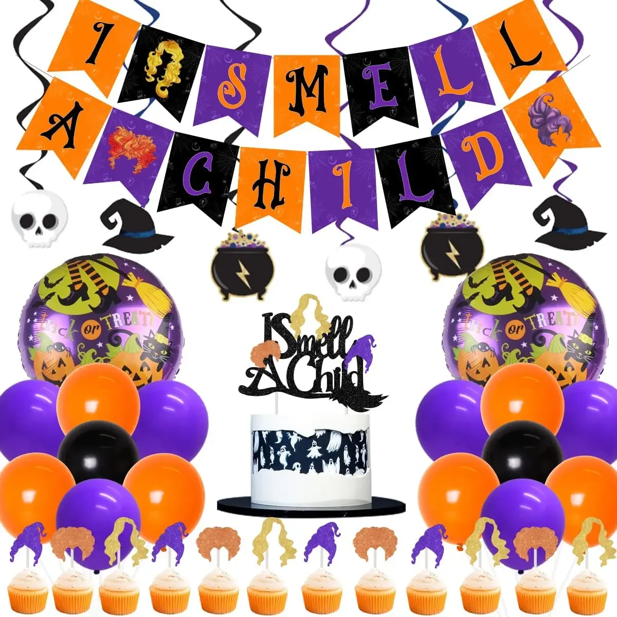 

Halloween Party Decorations I Smell A Child Banner Cake Topper Trick or Treat Foil Balloons Baby Shower Birthday Party Supplies