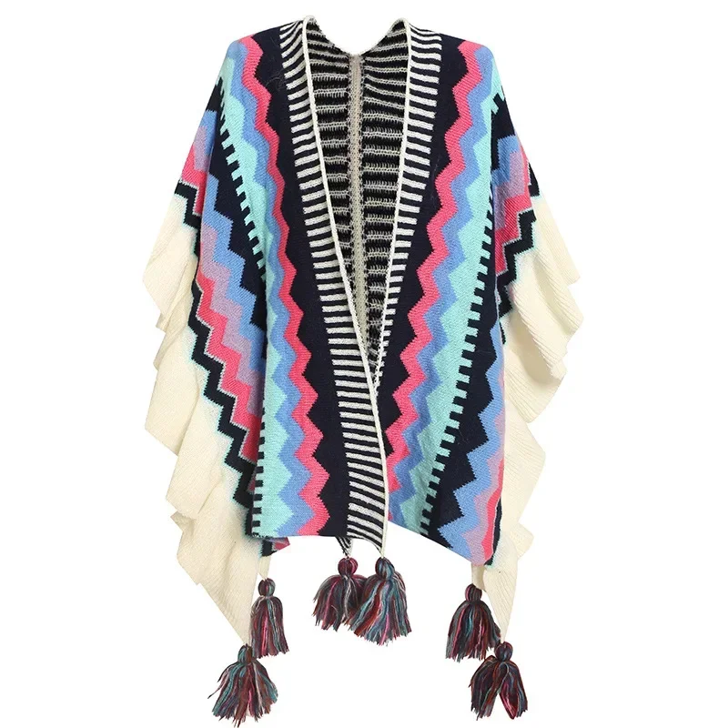 Poncho Vintage Cape เสื้อคลุมสวมใส่โบฮีเมีย Photo Capes ผู้หญิงสไตล์แห่งชาติพู่หนาอบอุ่นฤดูใบไม้ร่วงฤดูหนาวถักเสื้อสเวตเตอร์ถัก B2
