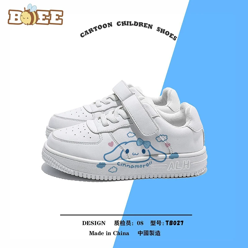 Adorável Cinnamoroll sapatos brancos pequenos para crianças, Anime Kawaii Sanrio, calçados esportivos finos e respiráveis dos desenhos animados, sapatos bonitos, presente infantil, verão