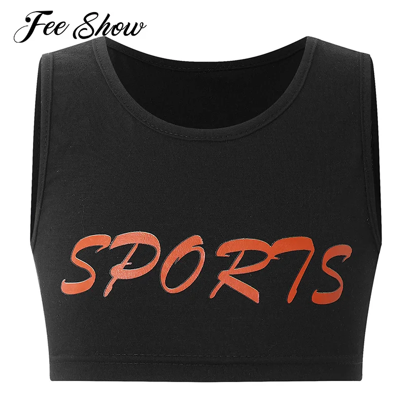 #4-16 Years Kids Girls Jazz Dance Performance Costume Round Neck Sleeveless Letter Print Crop Tank Top Yoga Sports Running Vests