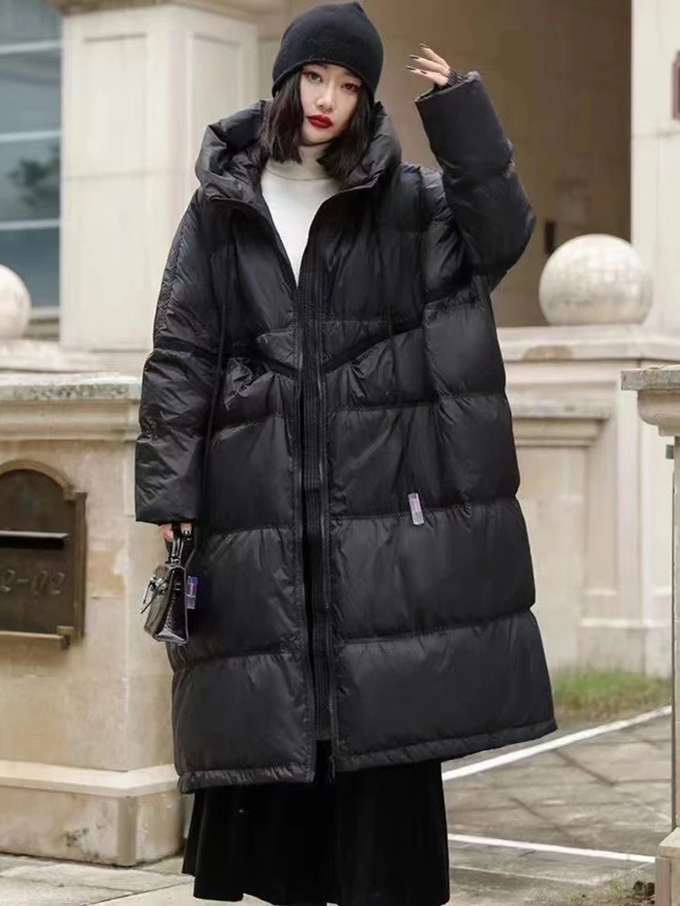 Winter Long Hooded Warm Down Jacket Parka Female Solid Zipper Thick Outwears Coat Women White Duck Down Knee Length Down Jackets