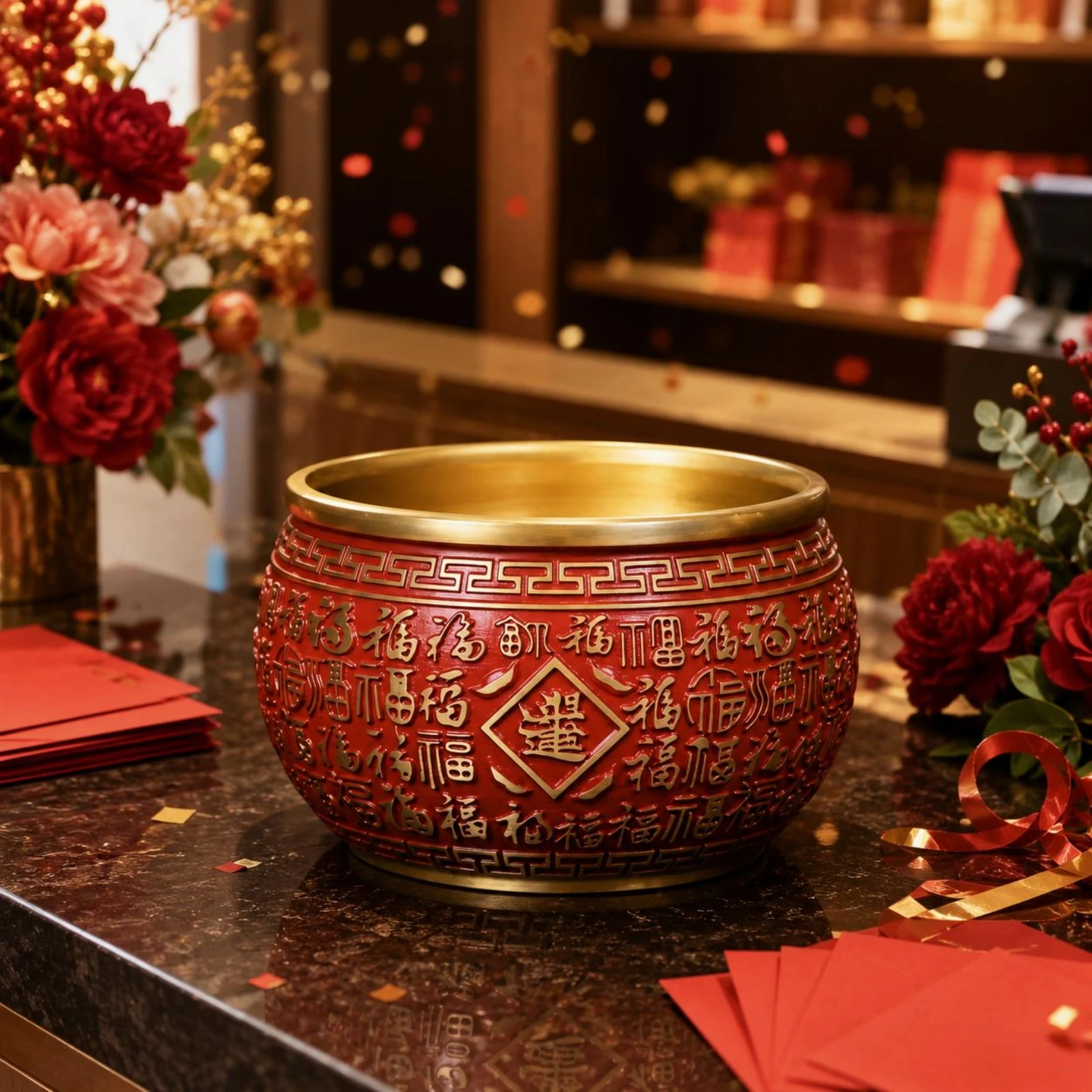 

Decorative Metal Bowl Ornate Finish Copper Ornament Bowl-Shaped Ornament Raised Motifs Home Decor Red Surface