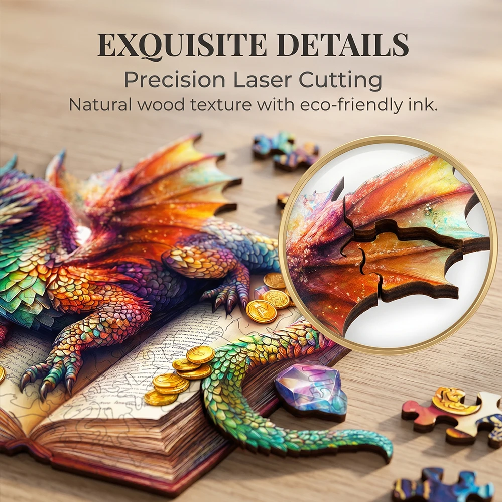 Rainbow Dragon Wooden Jigsaw Puzzle, Unique Irregular Animal Shaped Pieces, 5A Advanced Difficulty, Adults Family Game, Stress Relief Toy, Framable Wall Art Decor, Fantasy Dragon Lover Gift